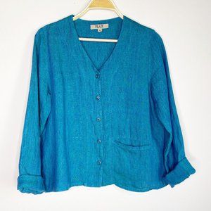 Flax Linen Long V-Neck Button Down Cardigan Blouse Blue  Size Small